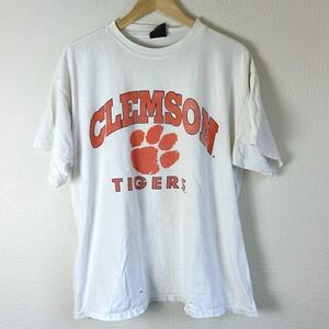 Vintage 90s Clemson Tigers T-Shirt Mens XL White Fair Distressed Graphic Tee TSI